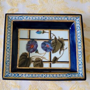 Floral Decorative Tray with Blue and Gold Accents